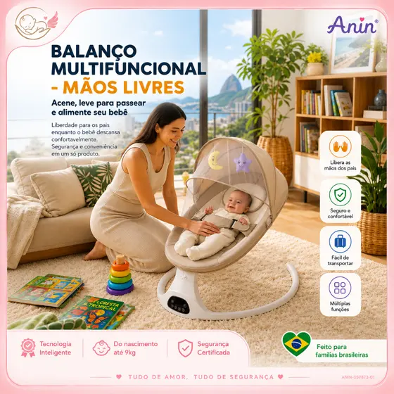 Berço Bebê Cinza com Mosquiteiro, Balanço Elétrico Multifuncional, Cadeira de Balanço para Bebê, Berço Portátil Moisés