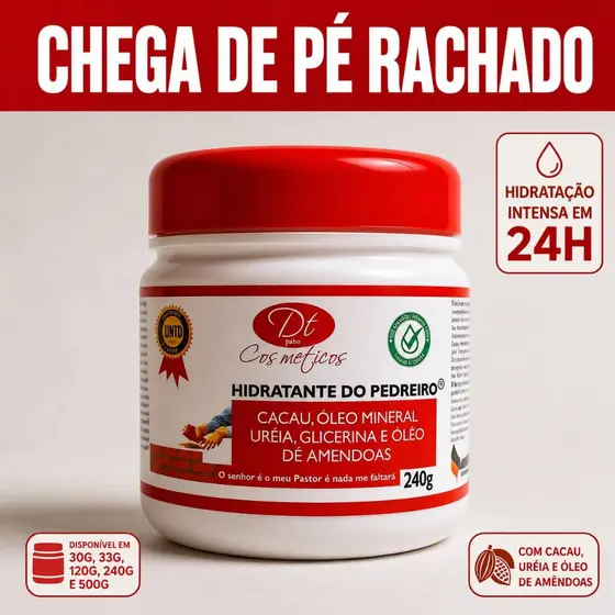 Creme de Pedreiro Para os Pés Com Rachaduras Mãos e Cotovelos Ressecados Super Hidratante Vários Tamanhos