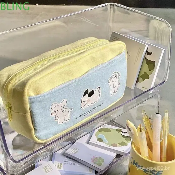 Bolsa De Lápis Com Zíper BLING , Papelaria Multifuncional Estampa De Cachorrinho , Cosmética De Grande Capacidade