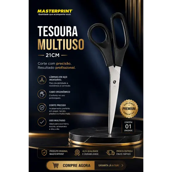 Tesoura Multiuso Grande 21 cm Aço Inox Cabo Preto Masterprint