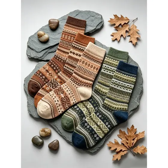Meias Cano Alto Feminina Algodão Quente Outono Inverno Estampa Fair Isle Vintage Kit 6-15 Pares para Calça e Mule Bir