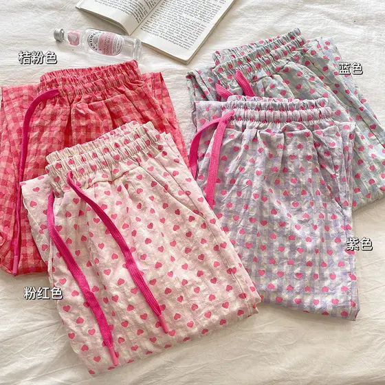 Calças de pijama estampadas fofas femininas estilo preguiçoso cintura alta Look mais fino amor verificado calças de pern