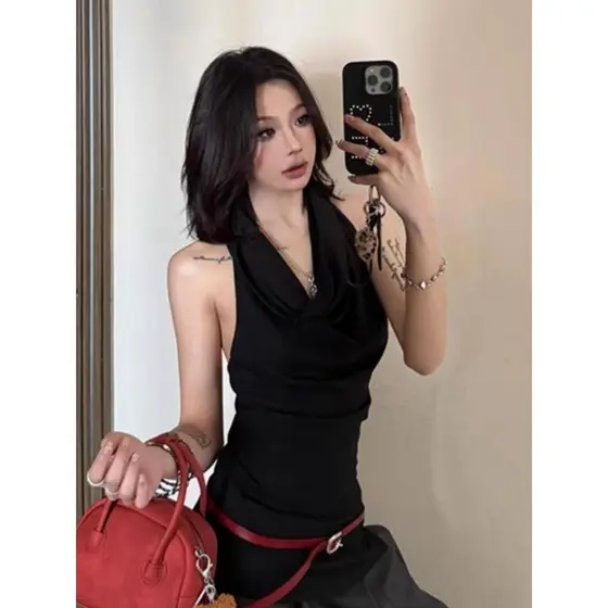 [Produtos prontos para entrega no mesmo dia] Modal algodão preto gola oscilante Halter camisola feminina verão roupa int