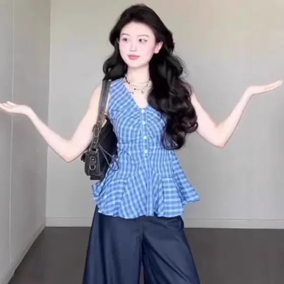 [Produtos prontos para entrega no mesmo dia] Colete retrô azul xadrez sem mangas feminino verão roupa externa Design sen