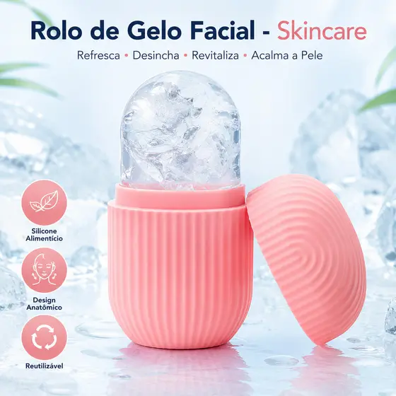 Rolo de Gelo Facial Silicone Reutilizável - Massageador Facial Profissional Skincare Contra Inchaço, Poros e Olheiras