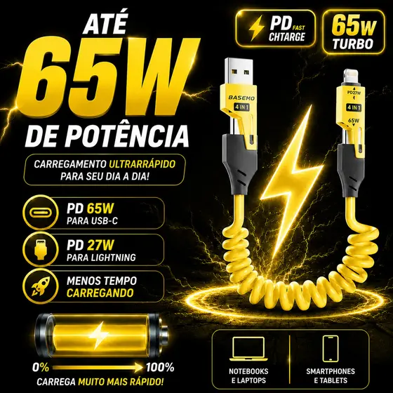 Cabo 4 em 1 retrátil carregamento rápido turbo 65W tipo C Lightning USB para carro celular iPhone Android 1.5M
