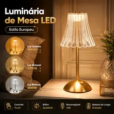Luminária de Mesa LED Abajur Cristal Touch Recarregável 3 Cores Sem Fio Candeeiro Cabeceira Quarto Sala Decoração