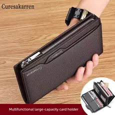 carteira masculina com ziper carteira masculina Bolsa masculina carteira longa textura de couro genuíno grande capacidad