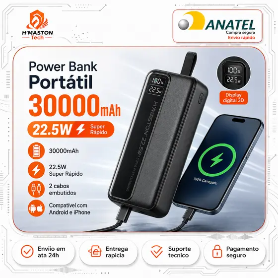 H'MASTON YD34 Power Bank 30000mAh Carregador Portátil Para Celular Bateria Portatil Carregador De Celular Portátil