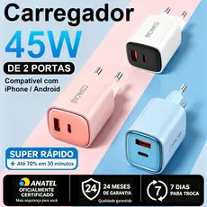 Carregador fonte 45W GaN PD Turbo com 2 portas USB-C e USB-A–Carregamento super rápido para iPhone, iPad, Samsung Tipo C