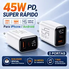 Fonte carregador 45W GaN PD USB-C+USB-A Carregamento Rápido, Display Digital, para iPhone iPad Samsung Android Tipo C