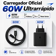 Carregador Fonte 60W USB-C PD Turbo Super Rápido com Cabo Tipo C para Tipo C para Samsung Galaxy S22 23 24 25 26 Série A