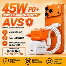 Carregador fonte 45W PD USB-C + Cabo Tipo C Super Rápido para iPhone 15Plus 16E 17Promax 18–Turbo original Não Esquenta