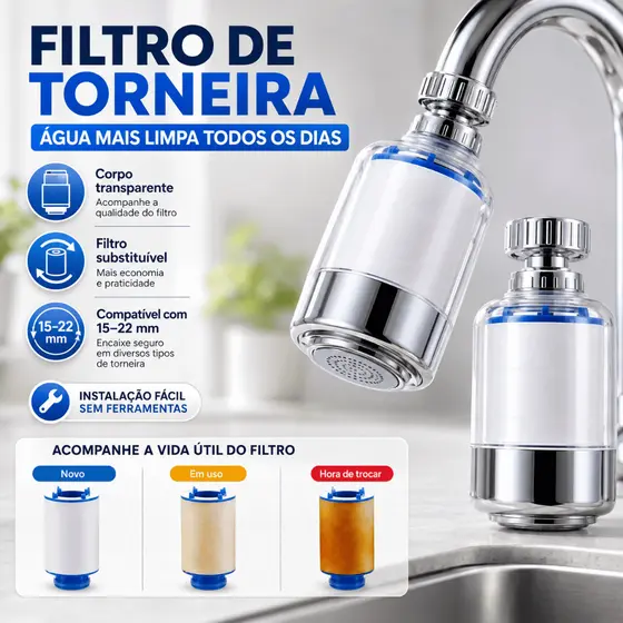 Kitchen Faucet Filter 360° Rotating Water Purifier PP Cotton for Chlorine Removal Filtro de Torneira com Carvão Ativado