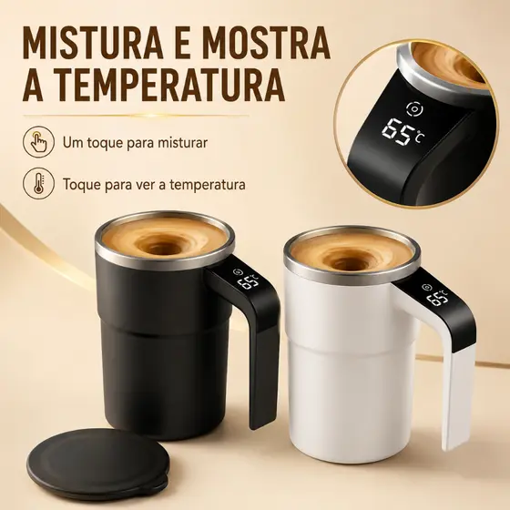 Copo Misturador Automático 380ml Tecnologia Magnética Inox Recarregável USB Caneca Térmica Mixer Portátil Café Shake