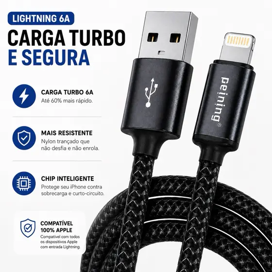 CABO PARA IPHONE LIGHTNING TURBO 6A DE 1M USB NYLON RESISTENTE COMPATÍVEL IOS IPAD