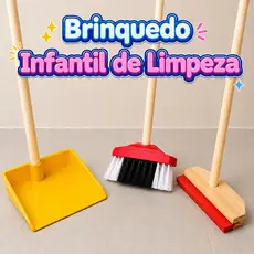Brinquedo Infantil de Limpeza Mini Vassoura Rodo e Pá Brinquedo Educativo Cabo de Madeira e Selo Inmetro