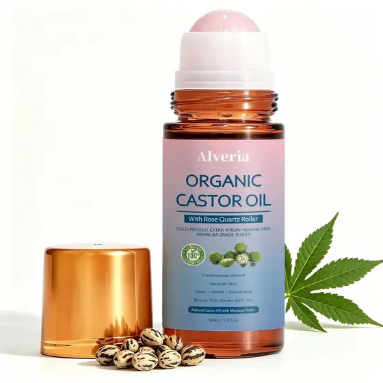 Óleo de Rícino Orgânico Roll-On com Rolo de Quartzo Rosa Refrescante – Fórmula 100% Prensada a Frio, Sem Hexano, para Ro