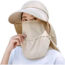 Chapéu de Sol Feminino com Aba Larga e Máscara Facial, Aba Removível para Pescoço e Rosto, Proteção UV, Chapéu com Visor