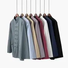 Homens algodão linho Tang terno estilo chinês hanfu camisa de manga comprida botão prática terno camada camisa hanfu