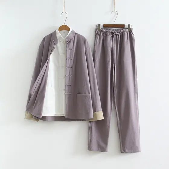 Novo estilo chinês algodão linho manga conjunto de duas peças meditação chá arte Layman roupas estilo chinês linho budis