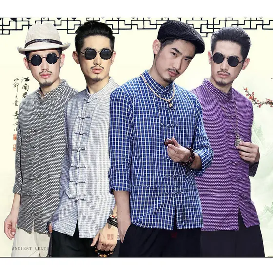 Puro algodão Tang terno Casual masculino velho pano grosso xadrez jaqueta Tai Chi terno Layman terno versão de moda algo