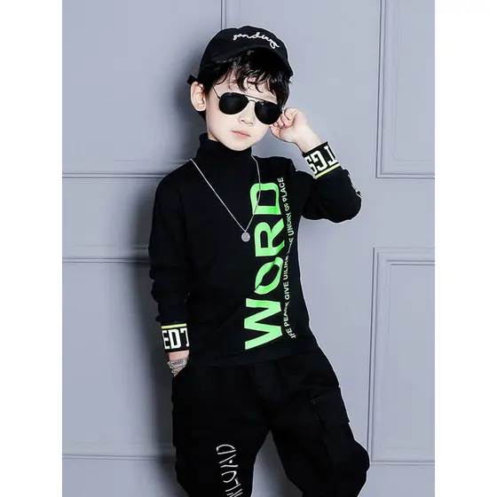 Meia gola alta camisa de fundo roupas infantis meninos malhas camisola quente forro de lã fino crianças cor sólida T @-