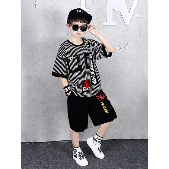 Meninos bonito terno roupas de verão 2026 novo estilo grandes meninos algodão puro moda roupas infantis listrado camiset