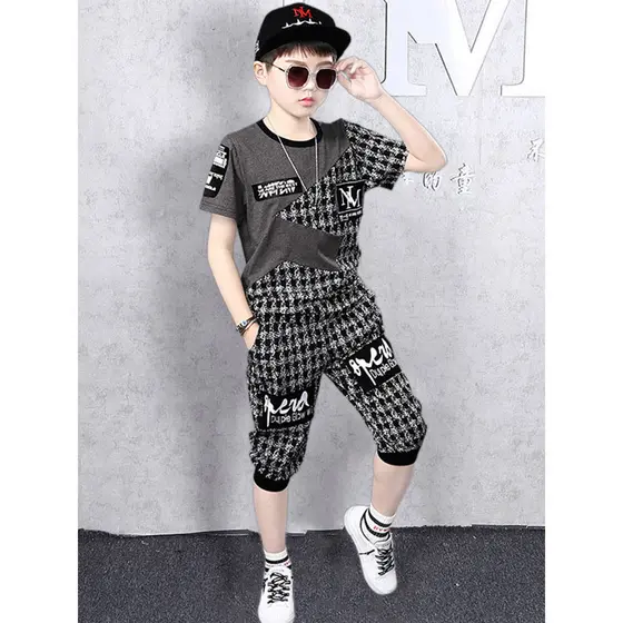 Meninos verão camiseta de manga curta 2026 novo estilo puro algodão crianças moda terno bonito menino roupas Houndstooth