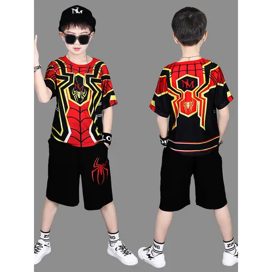 Camiseta do homem aranha de manga curta seda gelo roupas infantis meninos terno de verão 7-8 anos de idade meninos roupa