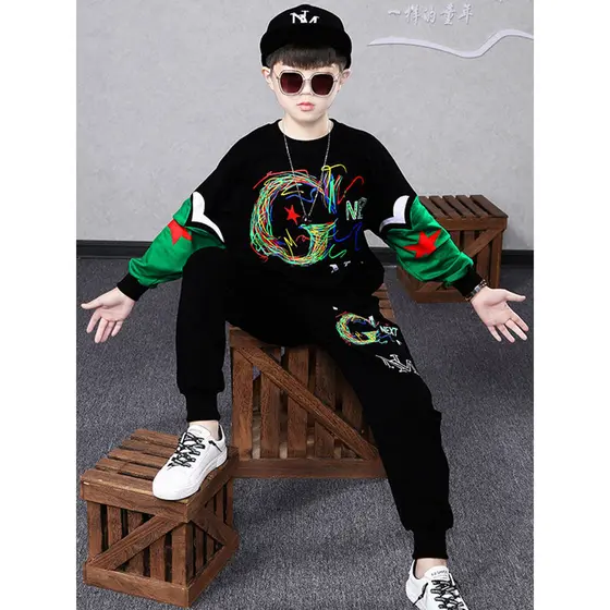 Crianças roupas 2026 novo estilo meninos outono camiseta de manga comprida moletom puro algodão grande crianças terno bo