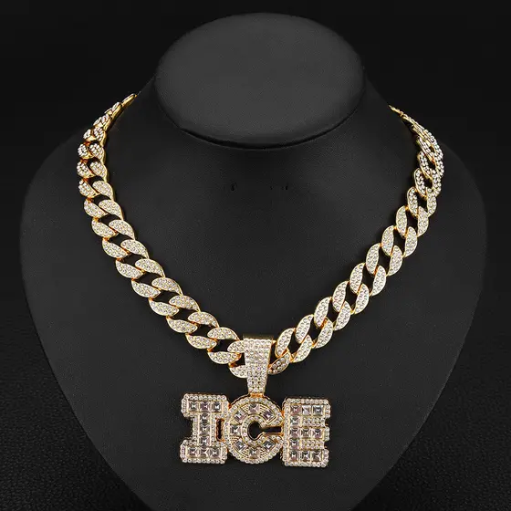Colar de gelo Hip Hop, corrente cubana, letra em inglês, pingente de diamante completo, acessórios exclusivos para colar