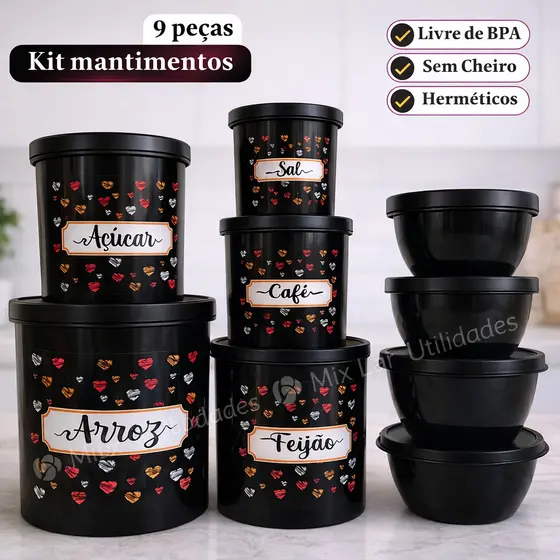 Kit de potes mantimentos de cozinha com 9 peças de plástico