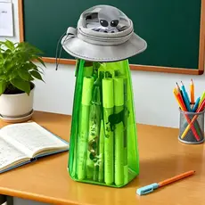bluehome_ Estojo UFO Alien Shape Grande Capacidade Transparente Dupla Camada Organizador De Papelaria Material Escolar