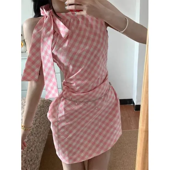 Vestido Curto Casual Mini Vestido Bodycon Vestido Curto Festa Francês rosa arco Halter pescoço sem mangas femini