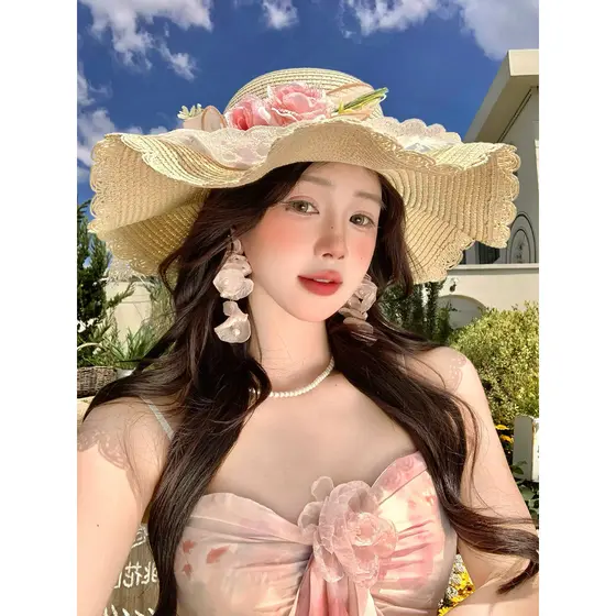 chapeu de praia feminino chapeu country feminino de praia masculino Estilo Pastoral laço flor chapéu de palha fem