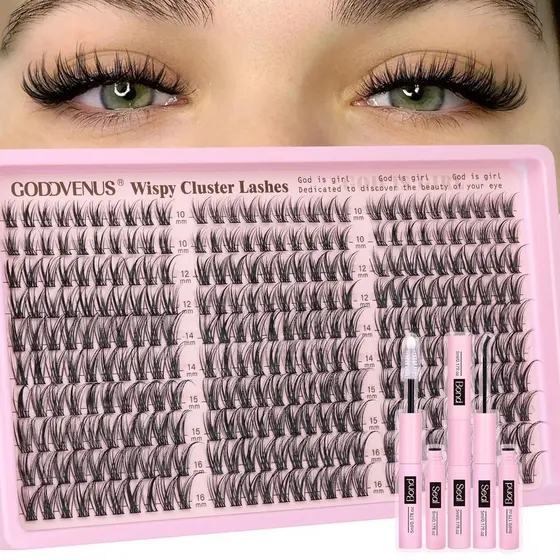 Kit de Cílios em Cluster Goddvenus, Cílios Naturais para Extensão DIY, Kit de Extensões de Cílios em Cluster de 10-16mm,