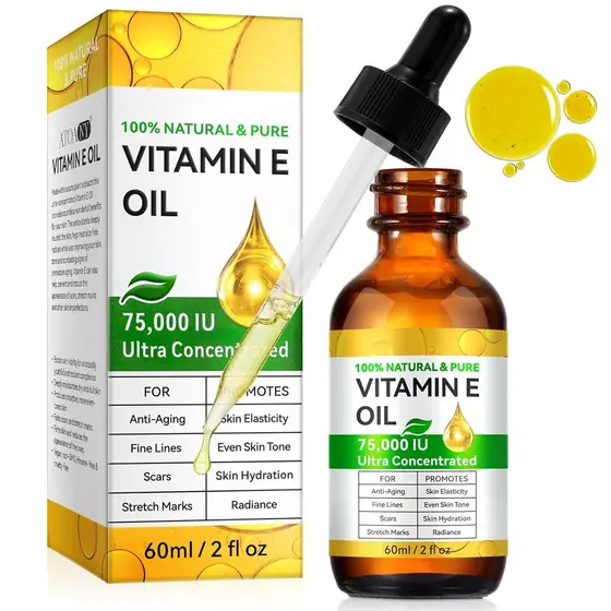 Óleo de Vitamina E, 75.000 IU, Óleo de Vitamina E 100% Puro para Pele, Cabelo e Unhas, Hidratante para Pele Seca, Rosto
