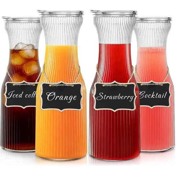 Jarra de vidro canelada INSETLAN de 1 litro com tampa, conjunto de 4 - Jarra para suco para bar de mimosa, brunch, festa