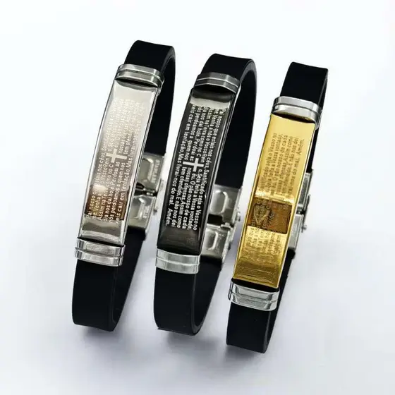 KIT 3 Pulseira Masculina Ajustavel Pai Nosso Borracha Resistente Prata/ Dourado