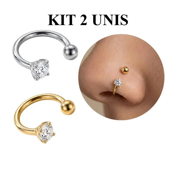 Piercing de Nariz Duplo Bolinha Zircônia Feminino , Aço Cirúrgico Anti Alérgico Prata Acessórios Labret Septo