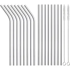ANNVCHI Pacote com 16 Canudos de Metal Reutilizáveis de Aço Inoxidável, 8 Canudos Retos + 8 Curvos de 8,5 polegadas com