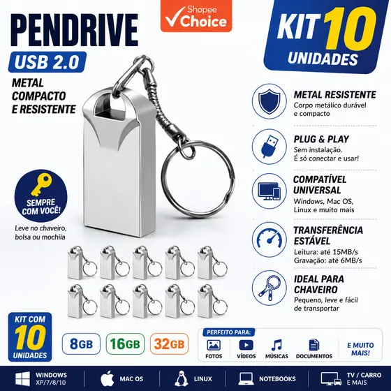 Atacado Kit 10 Mini Pendrive Chaveiro Metal USB 2.0 | Pen Drive 8/16/32GB Portátil | Memória Flash Escola Revenda