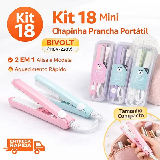 ✨ Kit 18 Mini Chapinha Bivolt Estojo Viagem | Atacado Revenda | Prancha Cabelo Portátil Pequena Presente