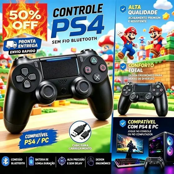 KIT4 Controle Sem Fio Bluetooth para PS4 Compatível com PC, Notebook e Smart TV steam, Joystick Recarregável Preto