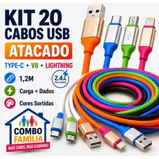 Kit 5/10/20 Cabo Carregador Dados Emborrachado USB Tipo-C V8 iPhone Lightning Carregamento Rápido Atacado Combo Família