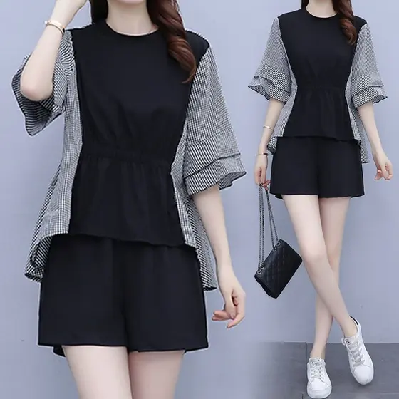 2025 verão novo estilo moda Casual Plus Size roupas femininas soltas mais magro olhar capa barriga terno de duas peças l