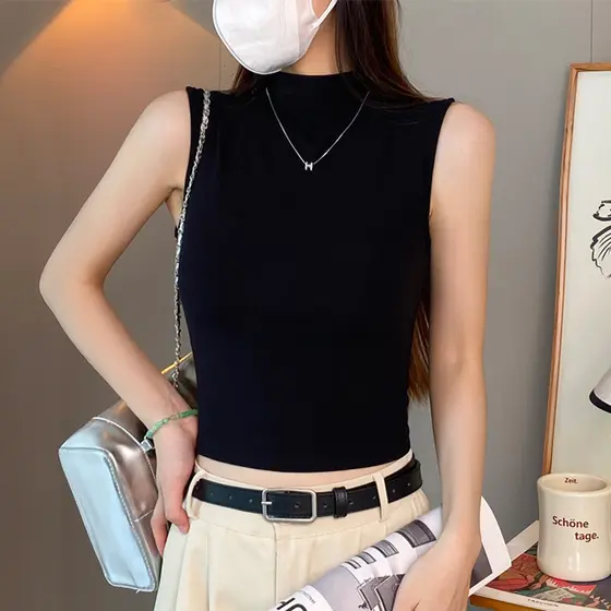 Rosca preto meia gola alta camisola feminina primavera verão fino-ajuste exterior Wear estilo curto interior sem mangas