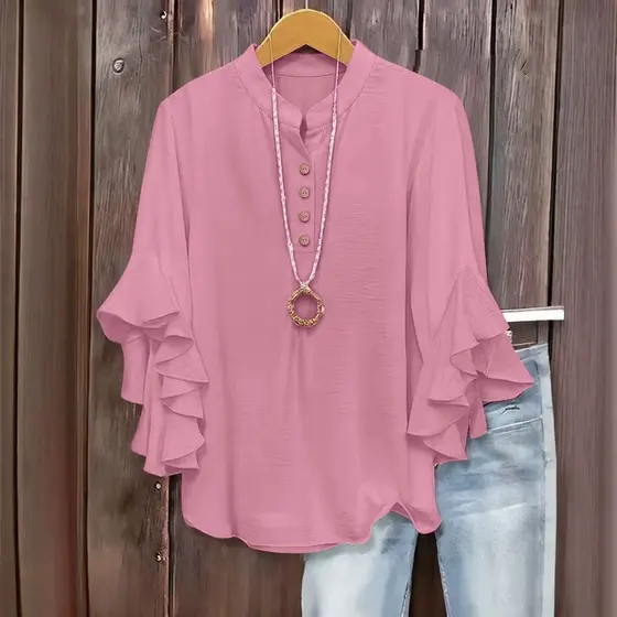 2026 Primavera Verão Última Moda Elegante [Detalhes do Botão] Manga Folha de Lótus Plus Size Camisa Feminina Especial