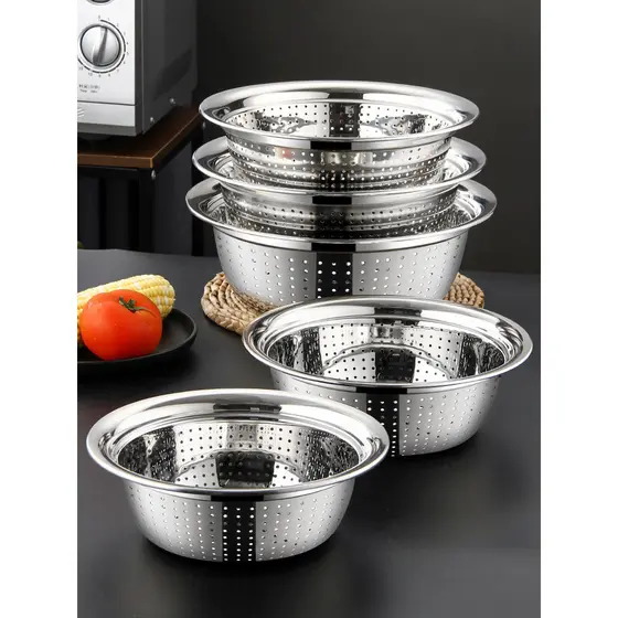 Bacia de drenagem de aço inoxidável Lavatório de vegetais Bacia de filtro Cesta de drenagem de cozinha redonda grande Fi